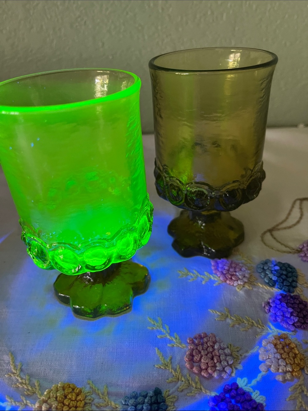 Pair of vintage Tiffin Franciscan Madeira water goblets, Citron Olive, UV glow